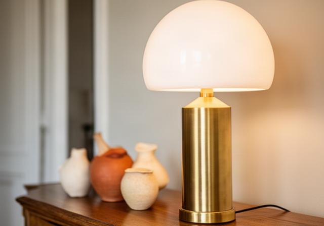 Dettaglio di una lampada da tavolo in ottone su consolle in legno, accanto a ceramiche artigianali